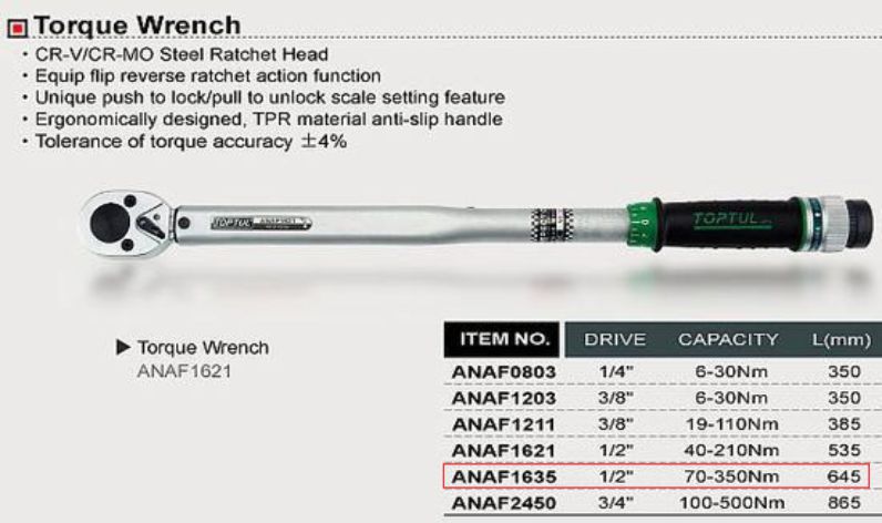 thông số Cần xiết lực 1/2" Toptul ANAF1635