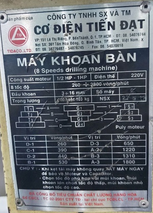 thông số kỹ thuật máy khoan bàn 1/2hp-1m
