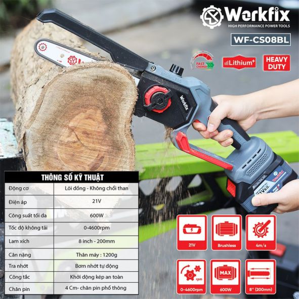 Thông số kỹ thuật máy cưa xích chạy Pin Workfix WF-CS08BL