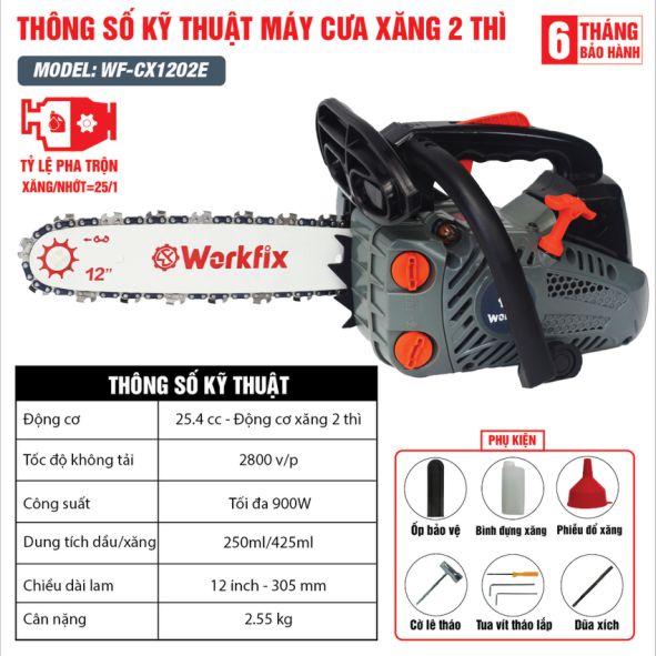 Thông số kỹ thuật máy cưa xích chạy xăng Workfix WF-CS1202E