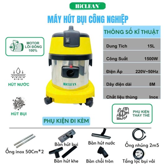 Thông số kỹ thuật máy hút bụi công nghiệp Hiclean 15 lít HC-15A