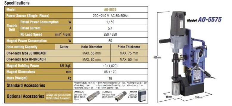 Thông số kỹ thuật máy khoan từ NITTO AO-5575A