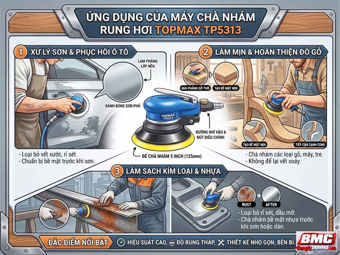 Ứng dụng của máy chà nhám rung hơi Topmax TP5313