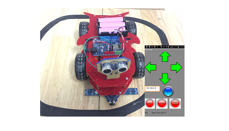 Xe-Robot chạy 3 chế độ điều khiển bằng wifi thông qua app Android Xe-Robot chạy 3 chế độ điều khiển bằng wifi thông qua app Android