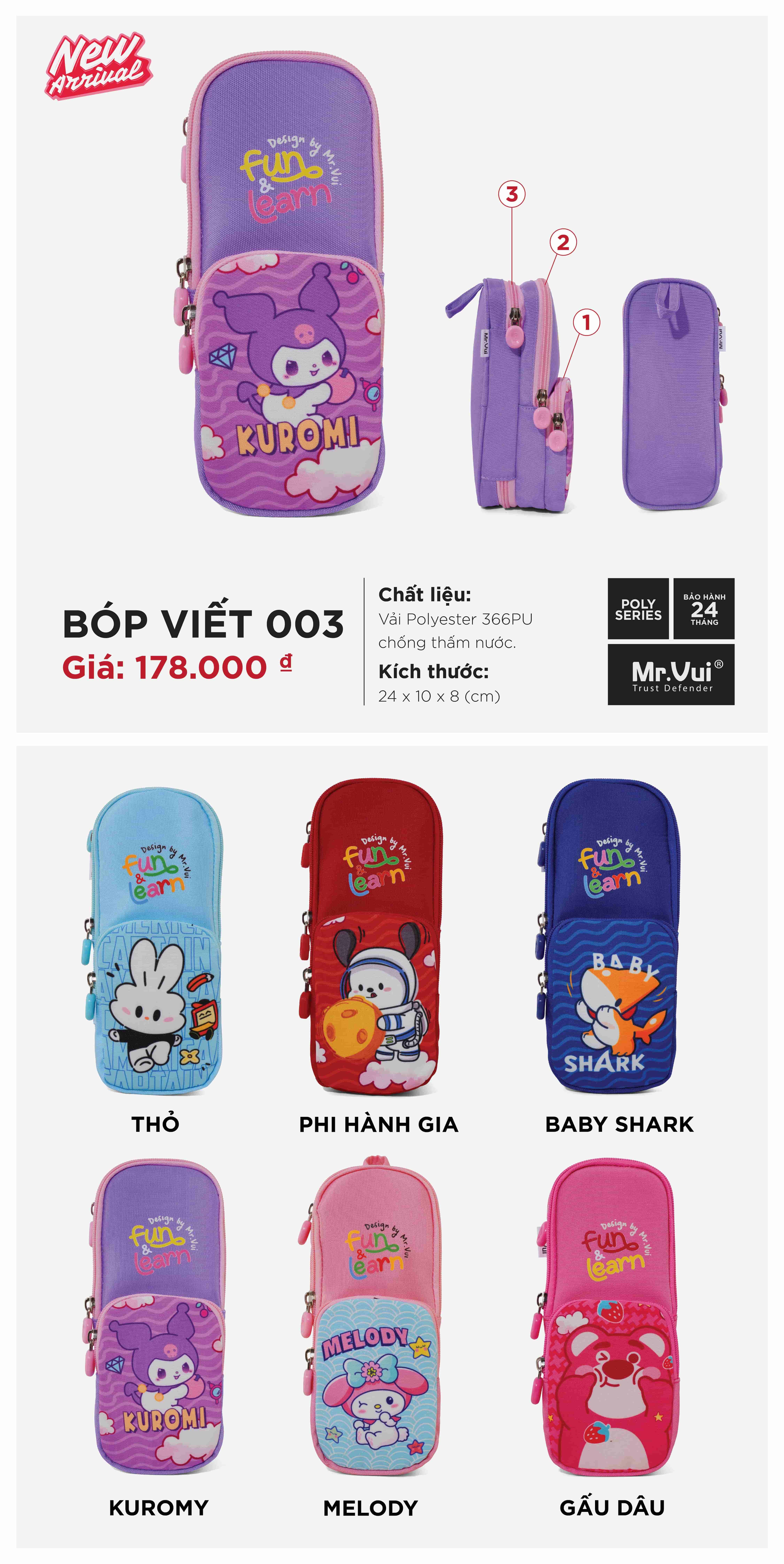 Bóp Viết 003 là phụ kiện học tập lý tưởng dành cho học sinh, sinh viên và cả những ai yêu thích sự ngăn nắp. Với thiết kế trẻ trung, chất liệu bền bỉ và khả năng sắp xếp đồ dùng khoa học, chiếc bóp viết vải này không chỉ tiện dụng mà còn mang lại cảm giác vui tươi, sáng tạo mỗi khi sử dụng. Màu sắc tươi sáng, kiểu dáng đơn giản nhưng tinh tế giúp sản phẩm trở thành một trong những bóp viết đẹp được yêu thích nhất tại Mr.Vui.