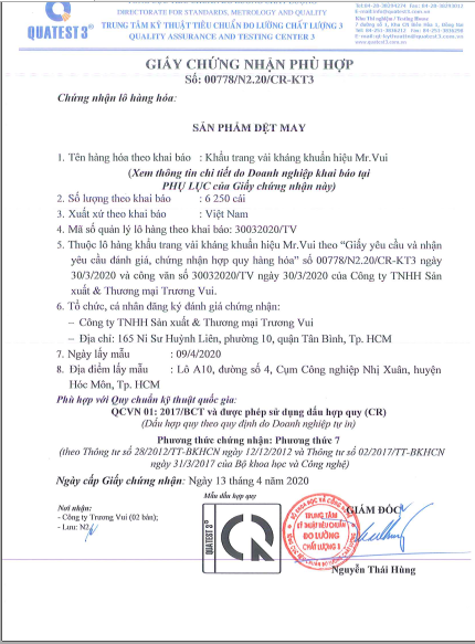 thông báo kết quả giám định khẩu cơ sở sản xuất trang vải chất lượng