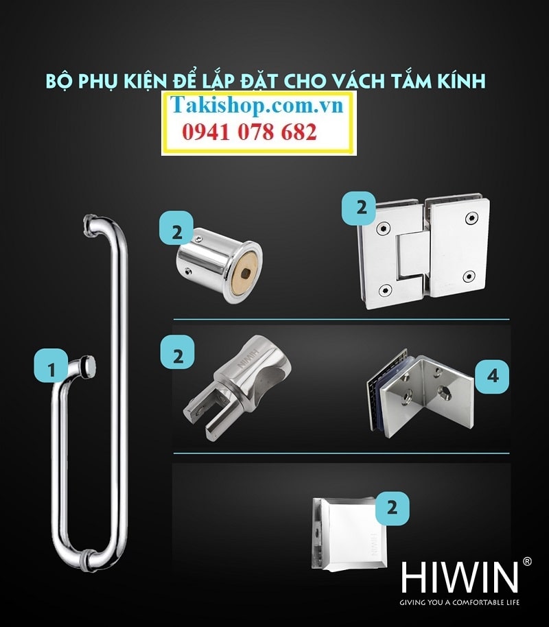 Bộ phụ kiện vách kính tắm 180 độ Hiwin chất lượng cao