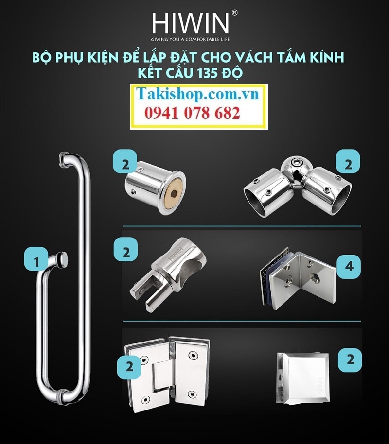 Bộ phụ kiện vách kính tắm 135 độ vát cạnh Hiwin chất lượng cao