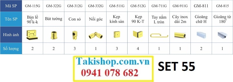 Cung cấp phụ kiện vách kính tắm 90 độ kính kính inox vàng gương Gymek Set 55