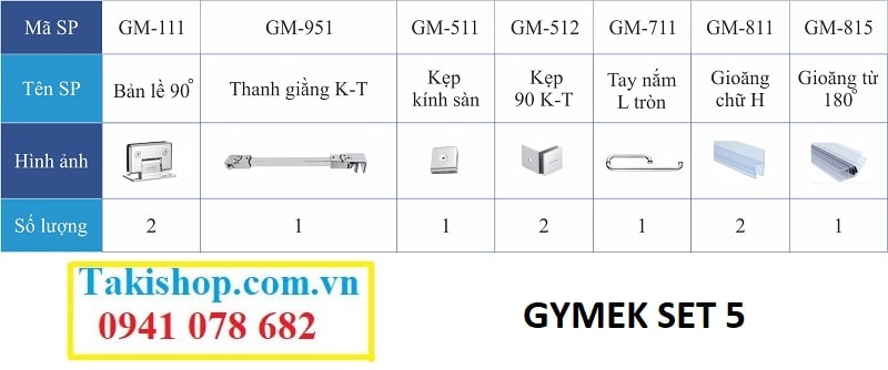 Bộ phụ kiện vách kính tắm Gymek 90 độ kính tường, giằng inox kính tường 15x15