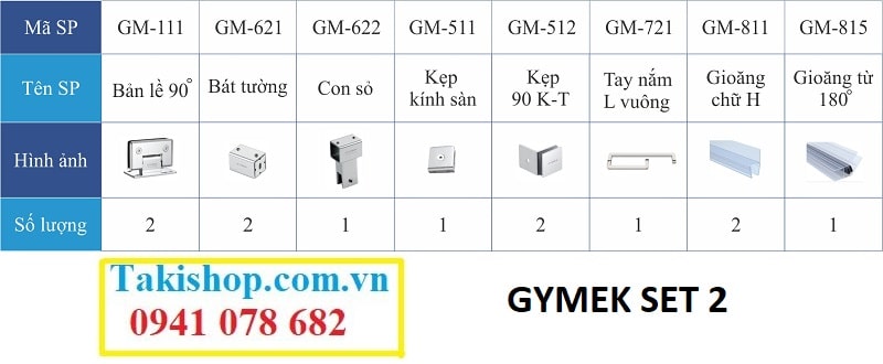Bộ phụ kiện vách kính tắm Gymek 90 độ kính tường, giằng inox vuông 25x25