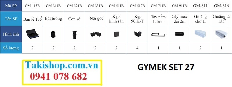 Bộ phụ kiện vách kính tắm Gymek 135 độ thanh giằng inox tròn D22 mạ màu đen