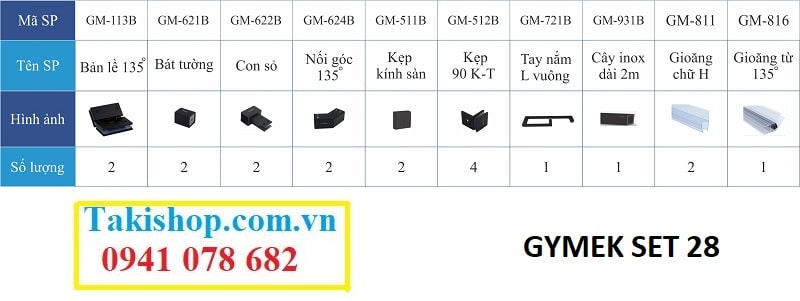 Bộ phụ kiện vách kính tắm Gymek 135 độ thanh giằng inox vuông 25x25 mạ màu đen