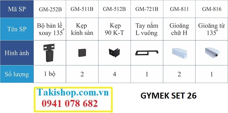 Bộ phụ kiện vách kính tắm Gymek 135 độ  hệ bản lề mở xoay mạ màu đen