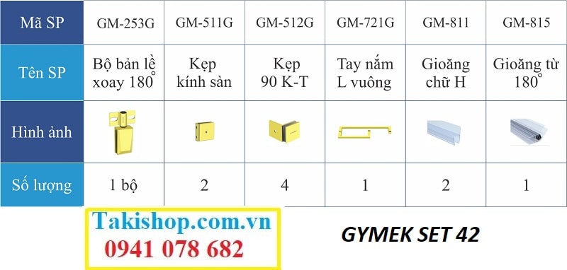 Bộ phụ kiện vách kính tắm Gymek 180 độ hệ bản lề mở xoay mạ PVD vàng