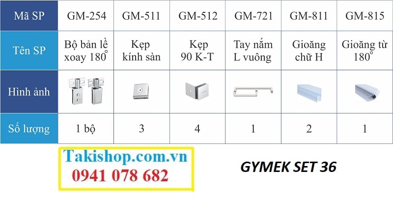 Bộ phụ kiện vách kính tắm Gymek 180 độ hệ bản lề mở xoay set 36