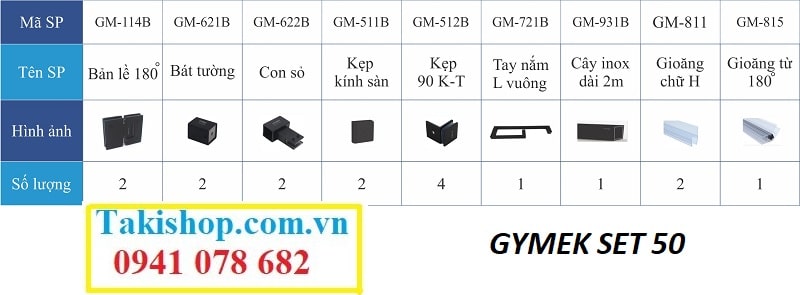 Bộ phụ kiện vách kính tắm Gymek 180 độ thanh giằng inox vuông 25x25 mạ màu đen