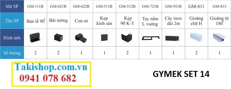 Bộ phụ kiện vách kính tắm Gymek 90 độ kính tường giằng inox vuông 25x25 mạ màu đen