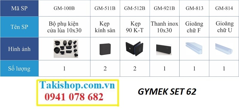 Bộ phụ kiện vách kính tắm cánh lùa Gymek màu đen ray trượt inox 10x30