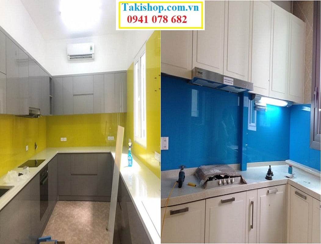 Thi công kính cường lực ốp bếp sơn màu vàng chanh va màu xanh nước biển đẹp