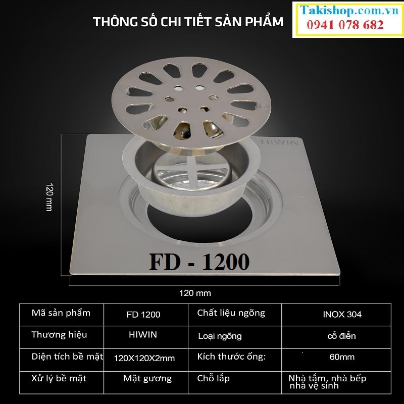 Thoát sàn inox 304 ngăn mùi ngăn côn trùng Hiwin FD 1200