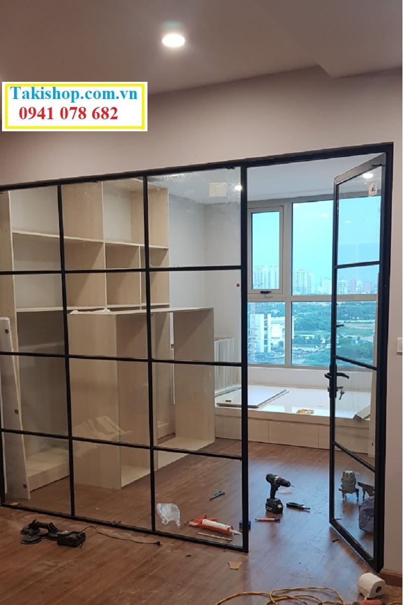 Vách ngăn phòng khung nhôm kính sơn tĩnh điện màu đen