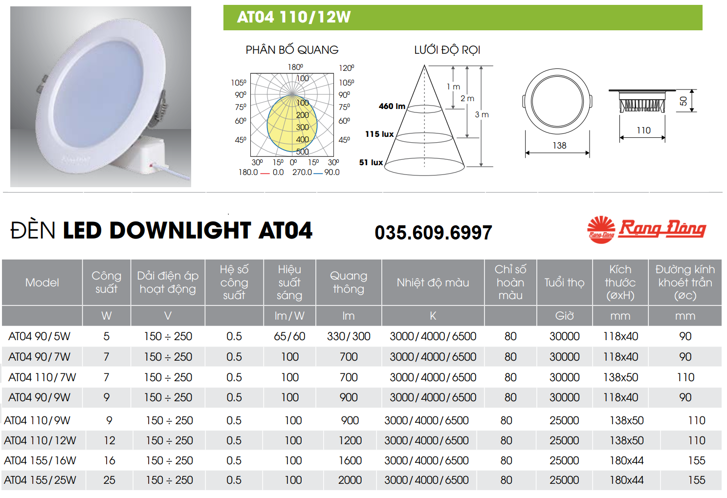 Đèn LED âm trần 12W Rạng Đông AT04 110/12W