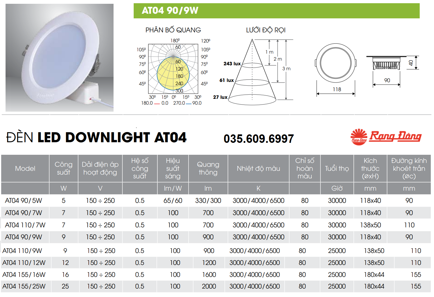 Đèn LED âm trần 9W Rạng Đông AT04 90/9W
