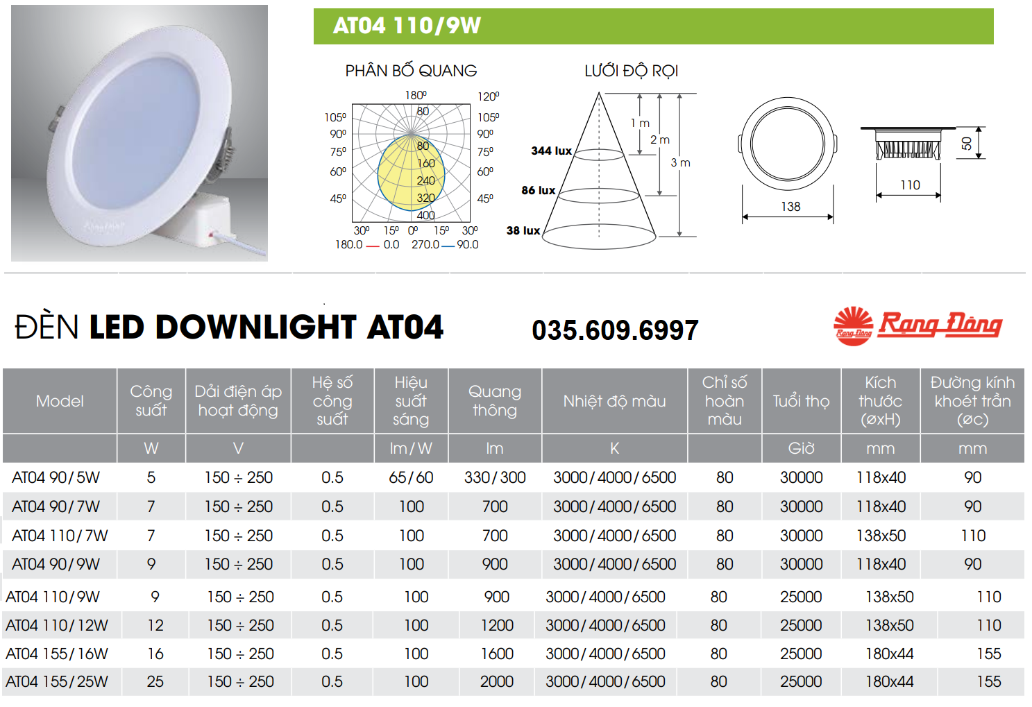 Đèn LED âm trần 9W Rạng Đông AT04 110/9W