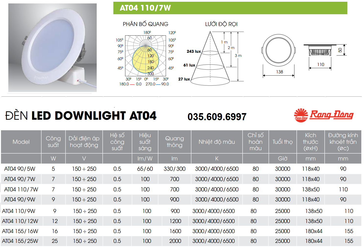 Đèn LED âm trần 7W Rạng Đông AT04 110/7W (Khoét lỗ 110)