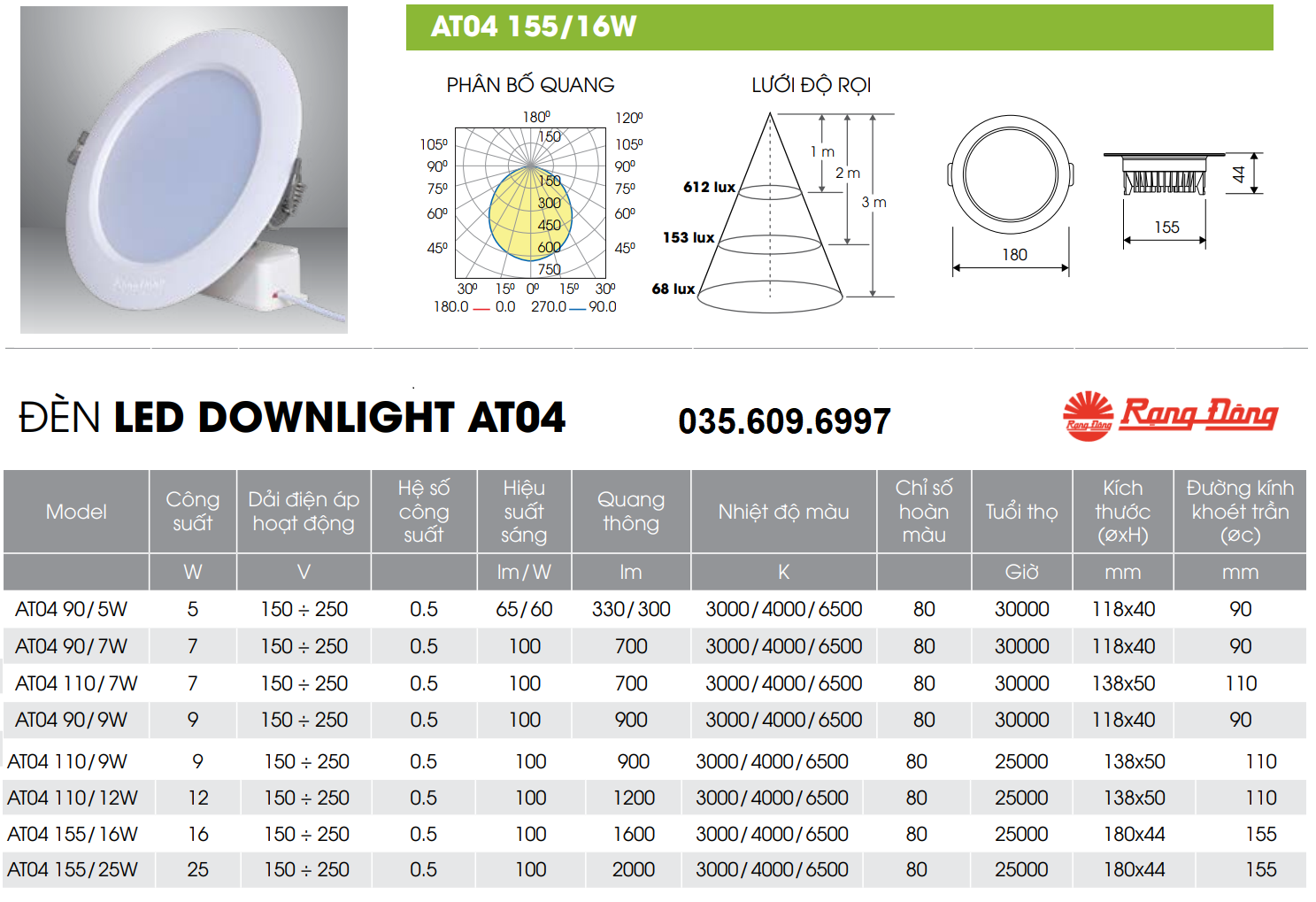 Đèn LED âm trần 16W Rạng Đông AT04 155/16W