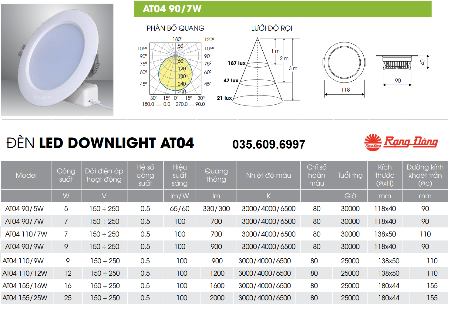 Đèn LED âm trần 7W Rạng Đông AT04 907W