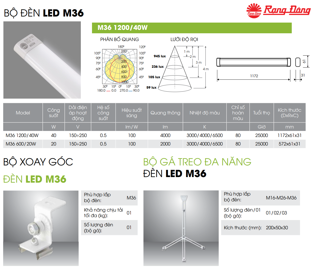 Đèn LED bán nguyệt tràn viền 1.2M 40W Rạng Đông M36 120040W