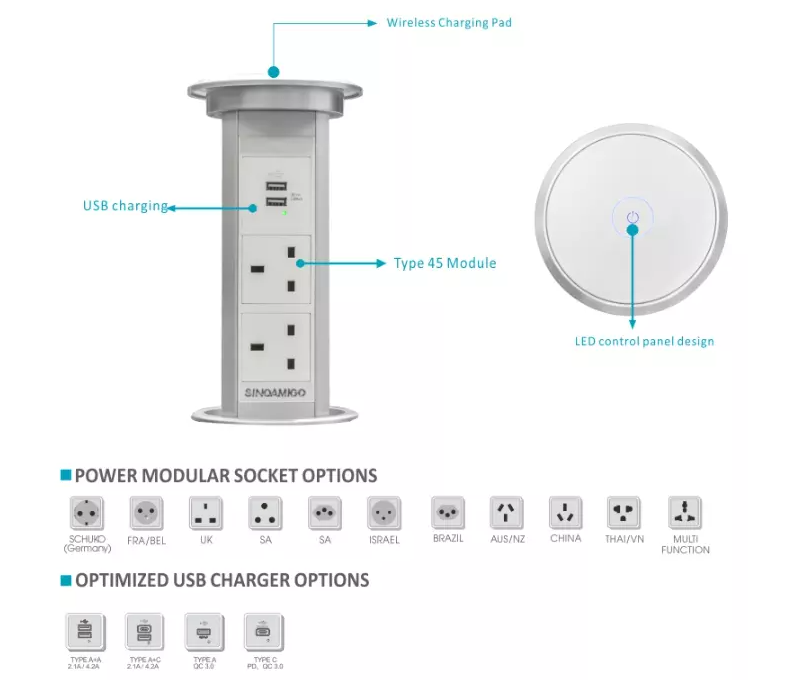 Ổ cắm điện âm bàn hình trụ đóng mở bằng điện Sinoamigo SMT-2