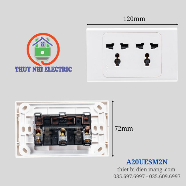 Ổ Cắm Đôi Đế Liền A20UESM2N mặt trước và mặt sau