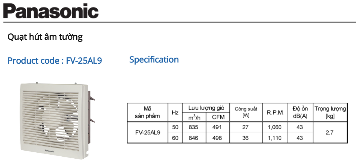 Quạt hút âm tường panasonic FV‑25AL9