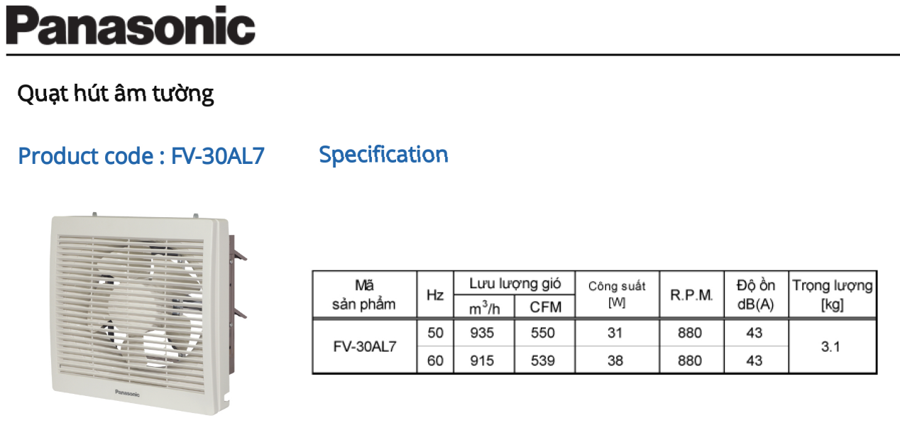 Quạt hút âm tường panasonic FV‑30AL7