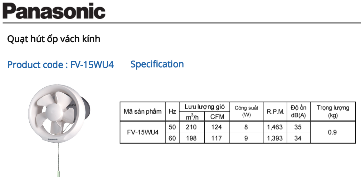 Quạt hút chuyên dụng ốp vách kính panasonic FV-15WU4