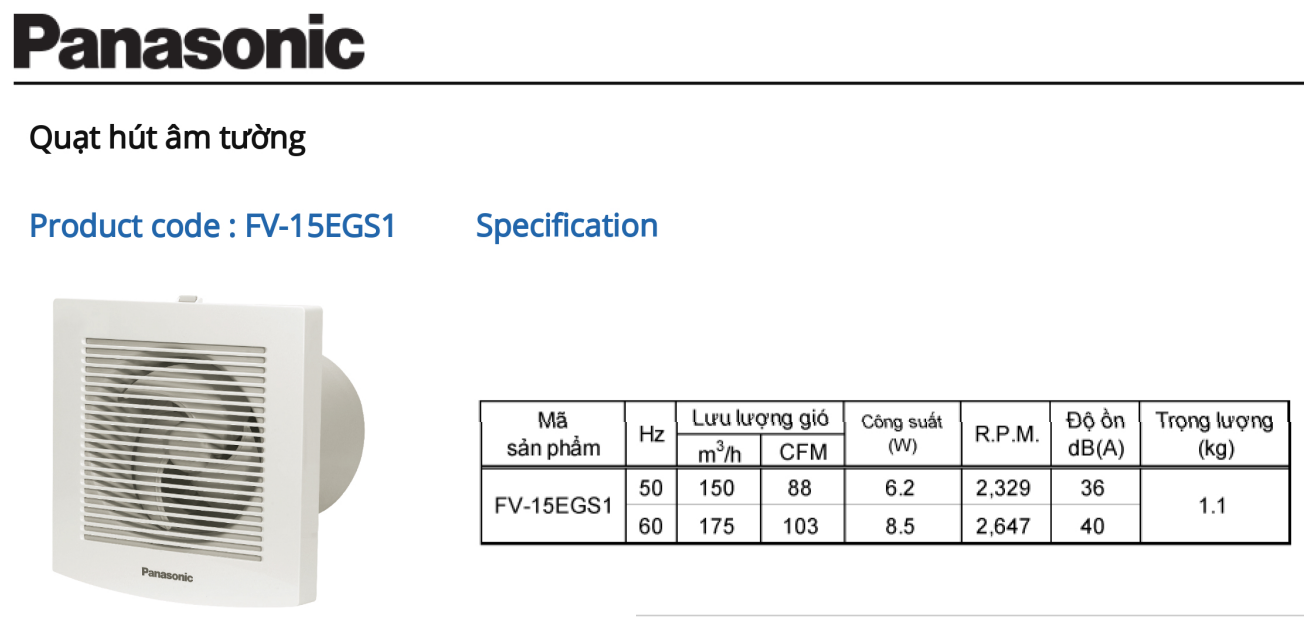 Quạt hút nhà vệ sinh panasonic FV‑15EGF1