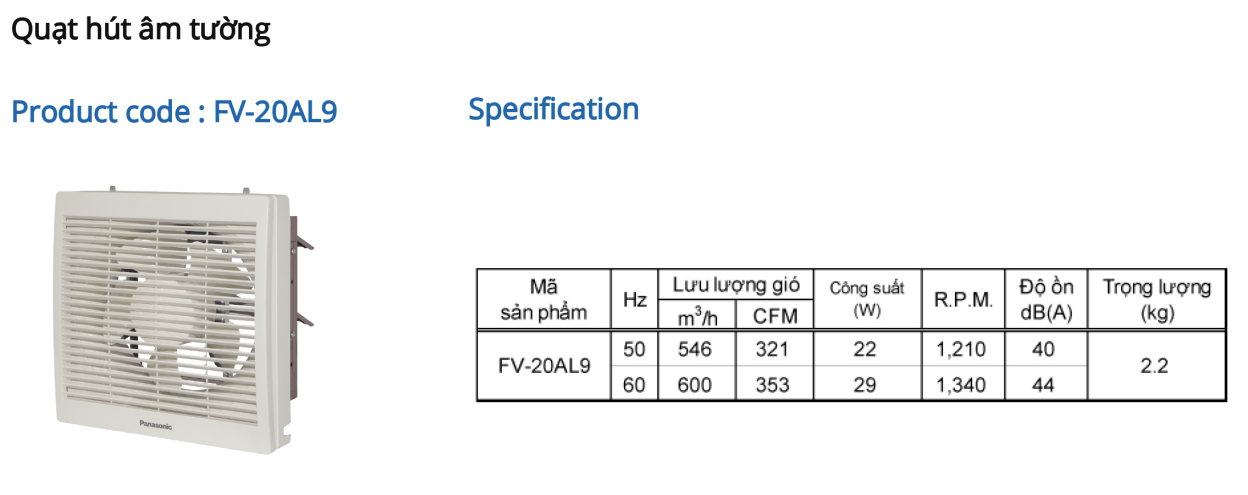 Thông số kỹ thuật Quạt hút âm tường panasonic FV‑20AL9