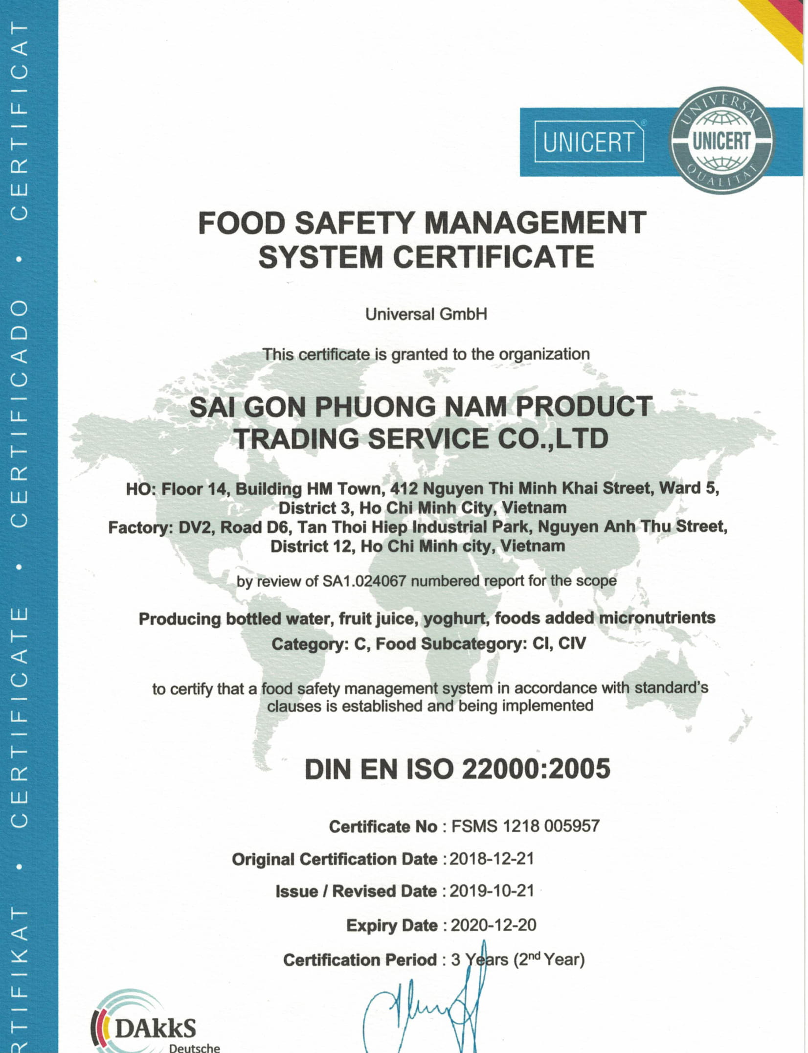 Chứng nhận ISO 22000:2005 (Bản Tiếng Anh)