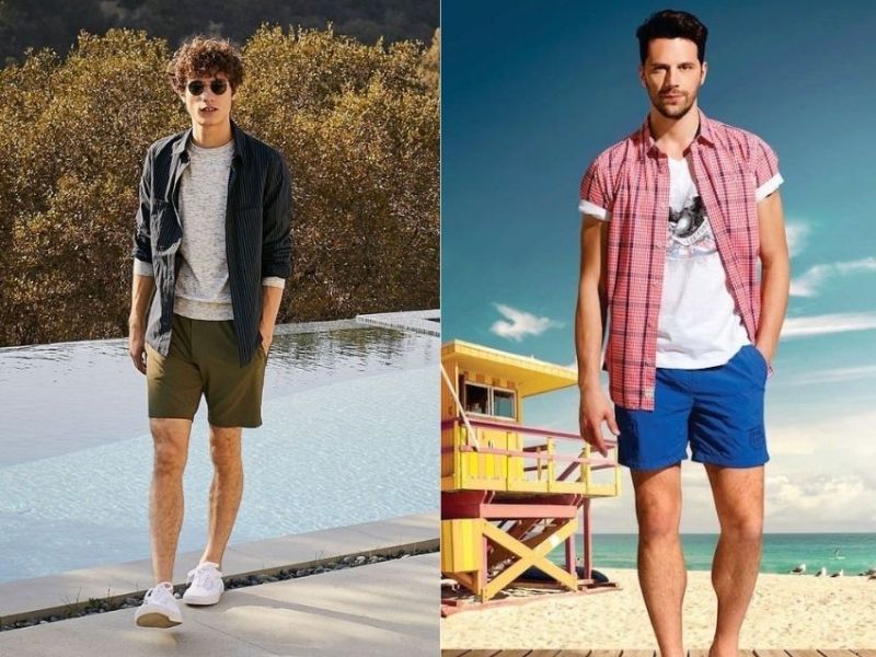 Mix layer áo phông, áo sơ mi hoạ tiết cùng quần short