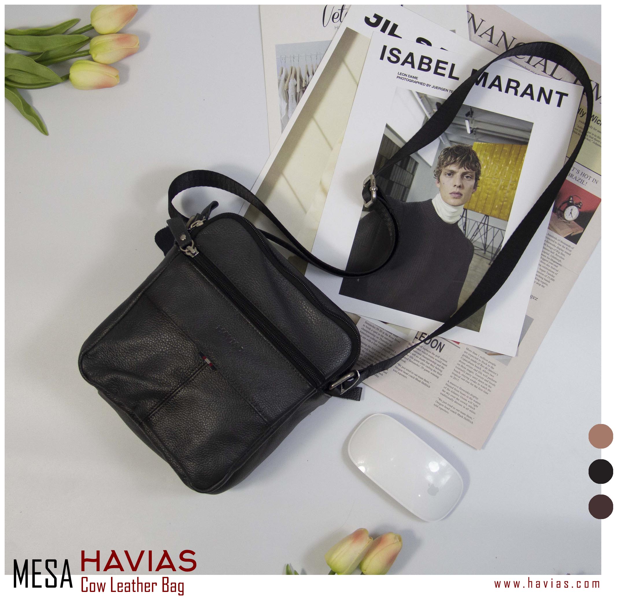 Túi đeo chéo da bò thật Mesa HAVIAS màu Đen