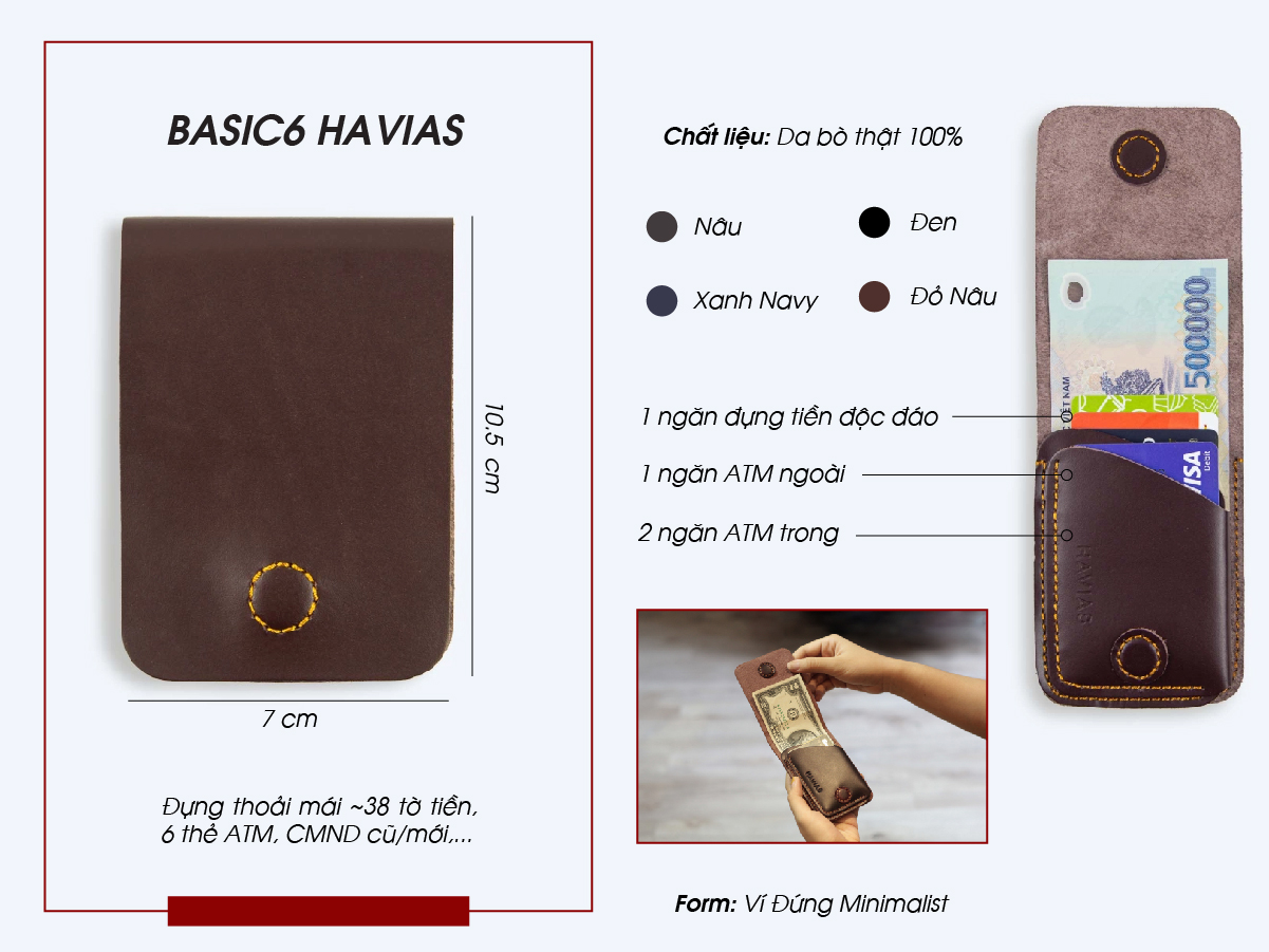 Ví da bò nắp gập nam châm Basic6 Handcrafted Mini Wallet