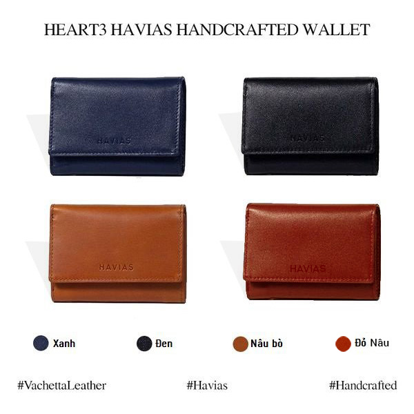 Ví 3 gấp nam nữ Heart3 Mini Handcrafted Wallet da thật may thủ công màu nâu ,đỏ nâu ,đen