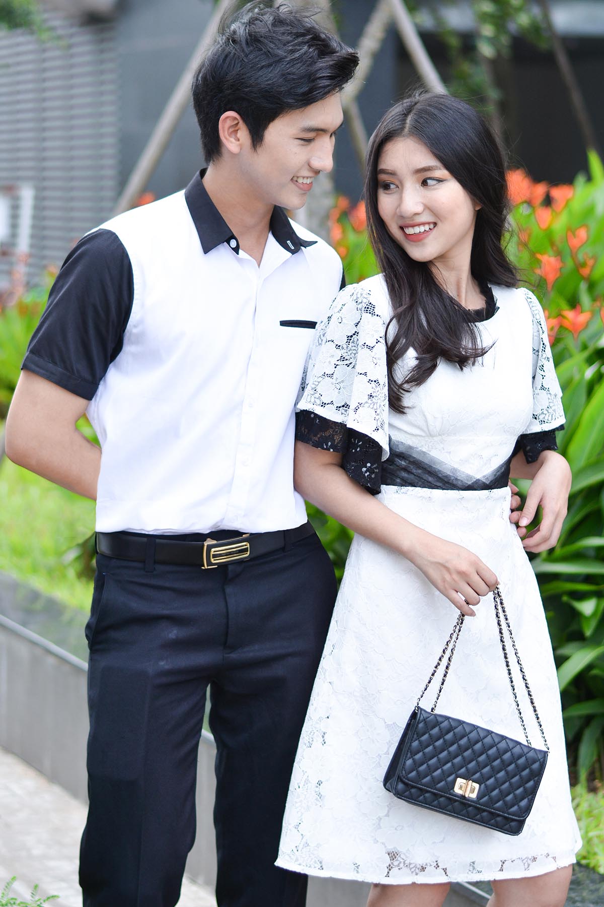 Đồ đôi thiết kế cao cấp Couple White Shirt mixed Black & Classy Pleated Lace Dress