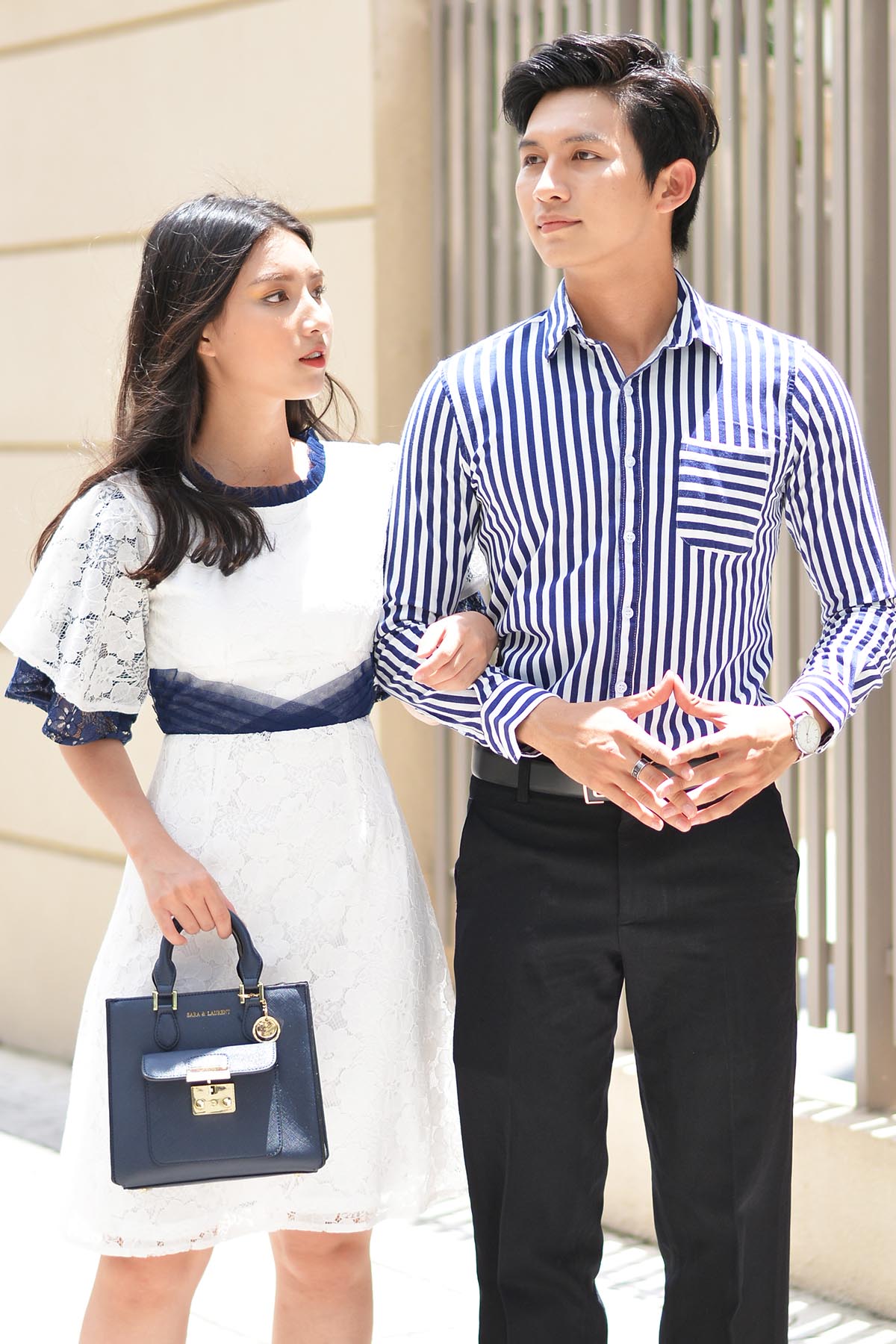 Couple Navy Striped Shirt & Classy Pleated Lace Dress