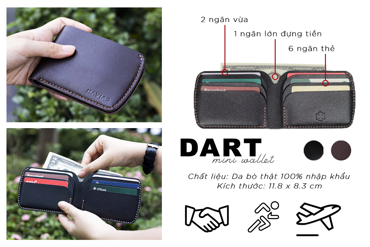 Bóp ví da thật nam nữ HAVIAS Ví da Dart Handcrafted Wallet 