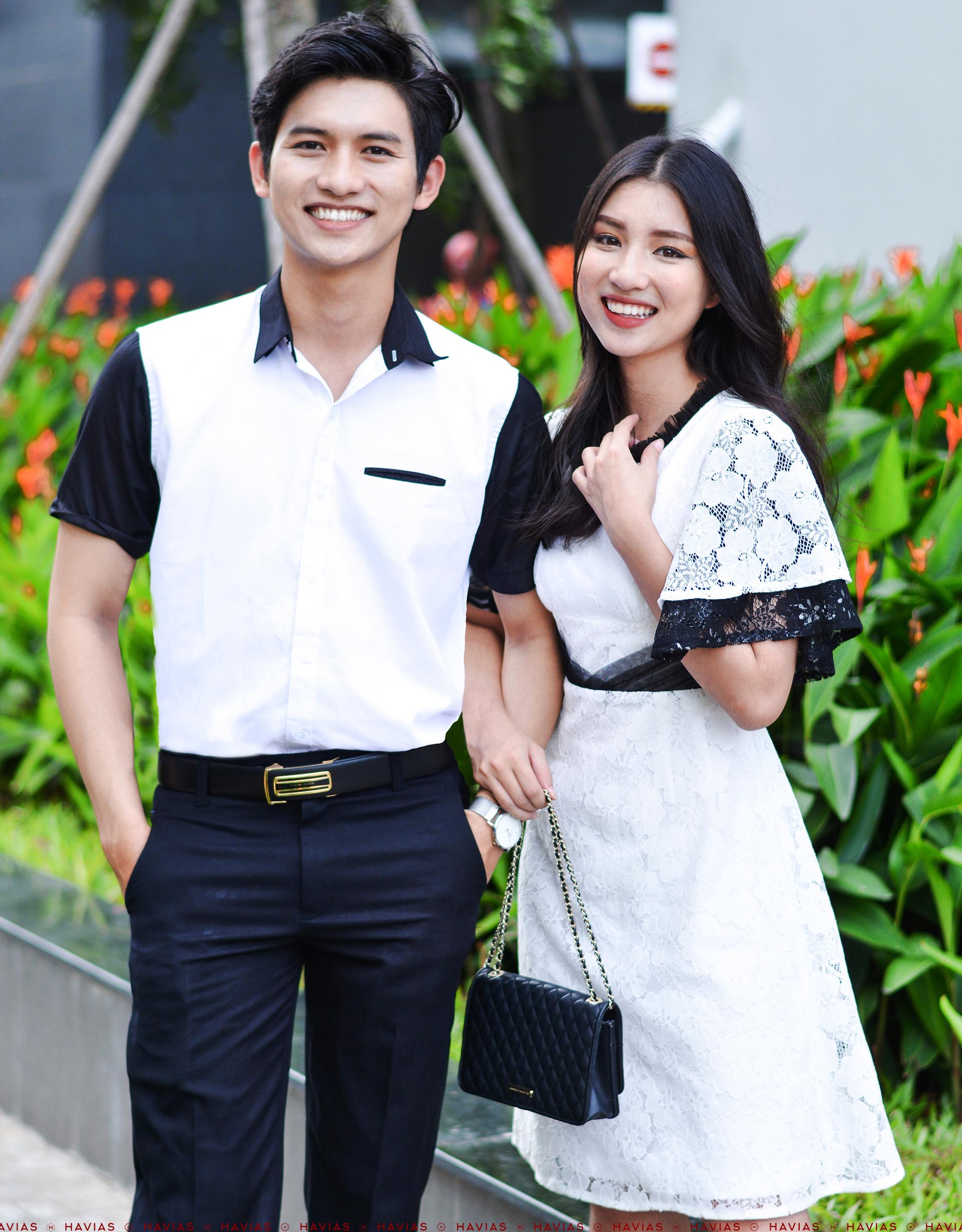 Đồ đôi thiết kế cao cấp Couple White Shirt mixed Black & Classy Pleated Lace Dress