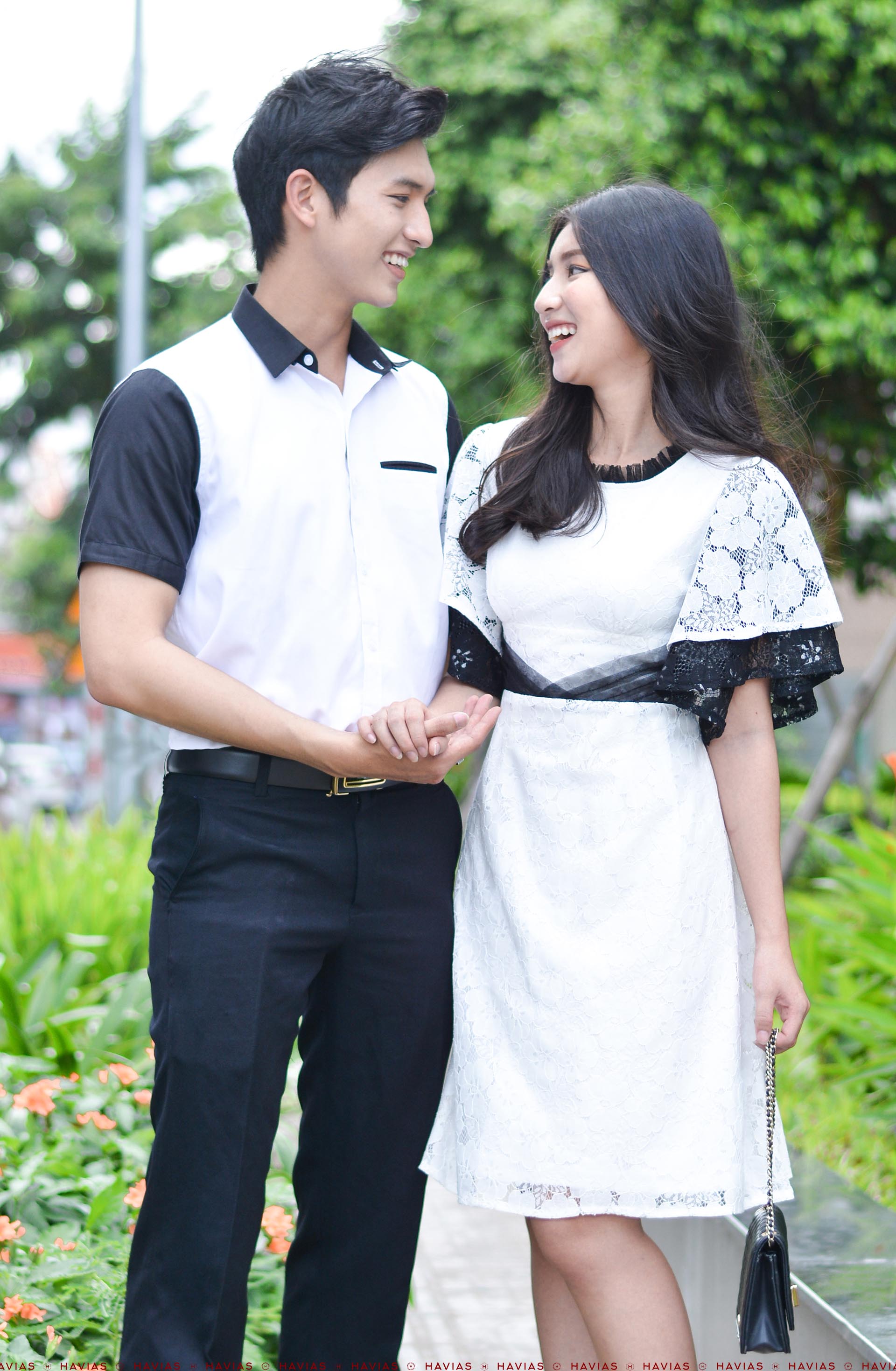 Đồ đôi thiết kế cao cấp Couple White Shirt mixed Black & Classy Pleated Lace Dress